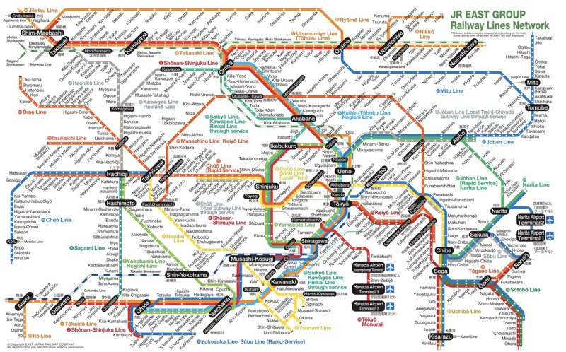A map of the JR East railway network around Tokyo, a dense multi-coloured web of overlapping lines