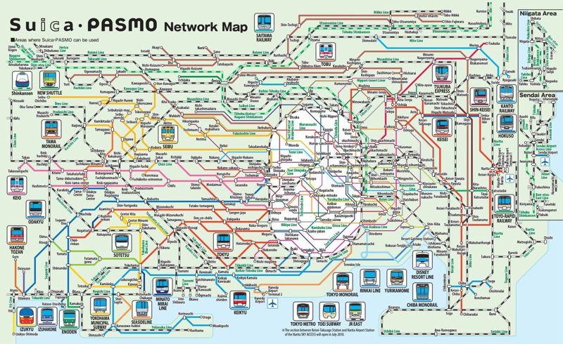 The Suica-PASMO network map of greater Tokyo rail lines