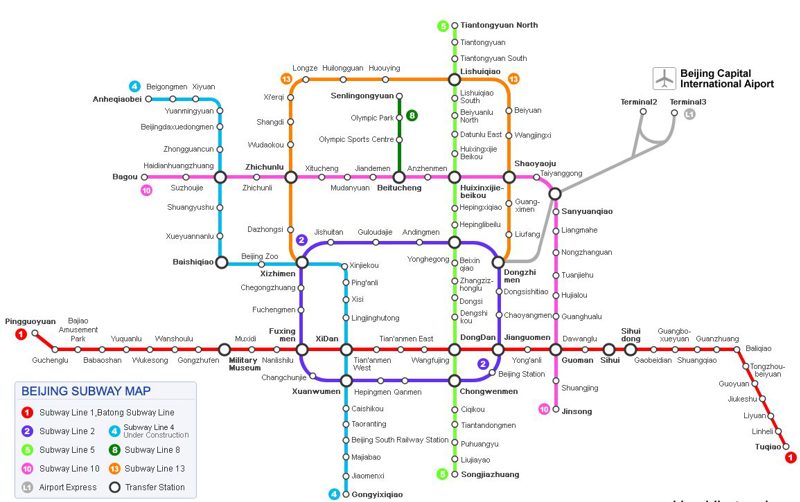 A map of the Beijing subway, showing its comparatively simple ring-and-spur layout