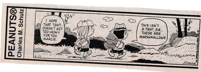 A Peanuts comic strip in which Marcie's enormous pack turns out to hold marshmallows rather than a tent